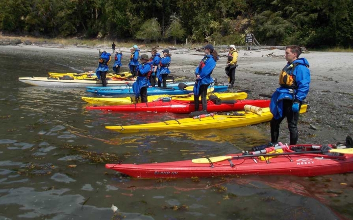 A group of people stand on the beach beside their kayaks